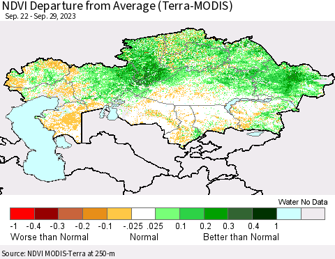 Kazakhstan NDVI Departure from Average (Terra-MODIS) Thematic Map For 9/22/2023 - 9/29/2023