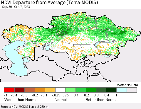 Kazakhstan NDVI Departure from Average (Terra-MODIS) Thematic Map For 9/30/2023 - 10/7/2023
