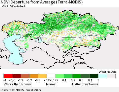 Kazakhstan NDVI Departure from Average (Terra-MODIS) Thematic Map For 10/8/2023 - 10/15/2023