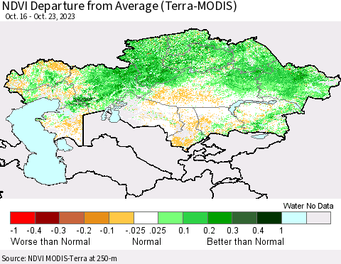 Kazakhstan NDVI Departure from Average (Terra-MODIS) Thematic Map For 10/16/2023 - 10/23/2023