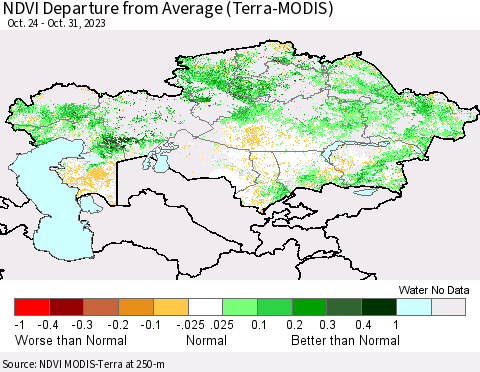 Kazakhstan NDVI Departure from Average (Terra-MODIS) Thematic Map For 10/24/2023 - 10/31/2023