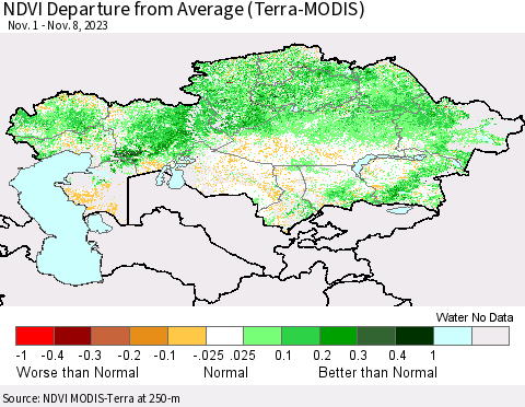 Kazakhstan NDVI Departure from Average (Terra-MODIS) Thematic Map For 11/1/2023 - 11/8/2023