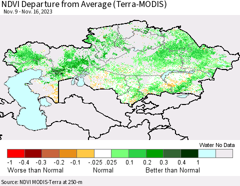 Kazakhstan NDVI Departure from Average (Terra-MODIS) Thematic Map For 11/9/2023 - 11/16/2023