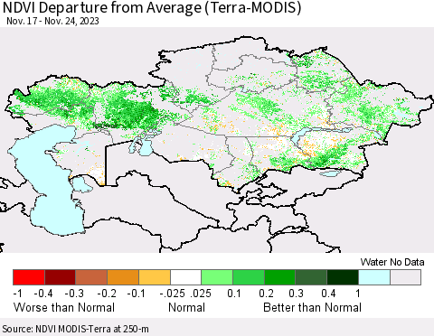 Kazakhstan NDVI Departure from Average (Terra-MODIS) Thematic Map For 11/17/2023 - 11/24/2023