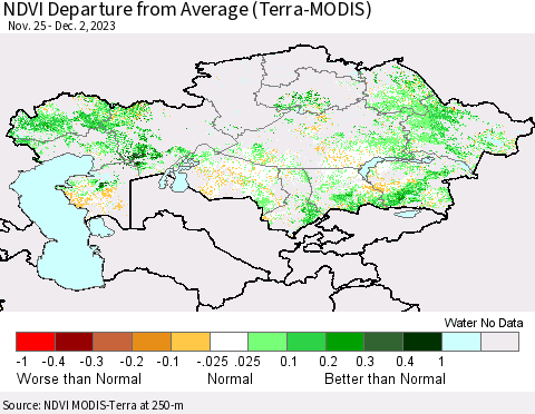 Kazakhstan NDVI Departure from Average (Terra-MODIS) Thematic Map For 11/25/2023 - 12/2/2023
