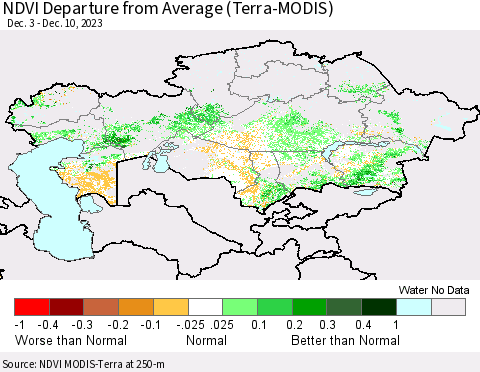 Kazakhstan NDVI Departure from Average (Terra-MODIS) Thematic Map For 12/3/2023 - 12/10/2023