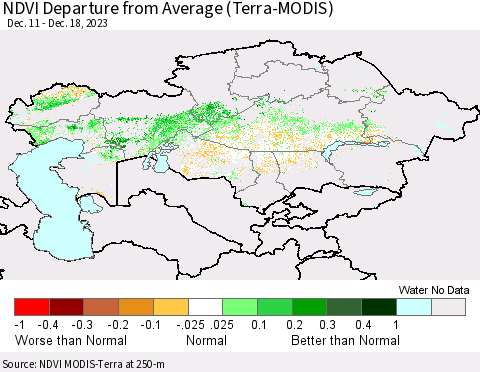 Kazakhstan NDVI Departure from Average (Terra-MODIS) Thematic Map For 12/11/2023 - 12/18/2023