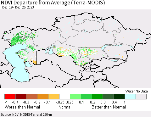 Kazakhstan NDVI Departure from Average (Terra-MODIS) Thematic Map For 12/19/2023 - 12/26/2023