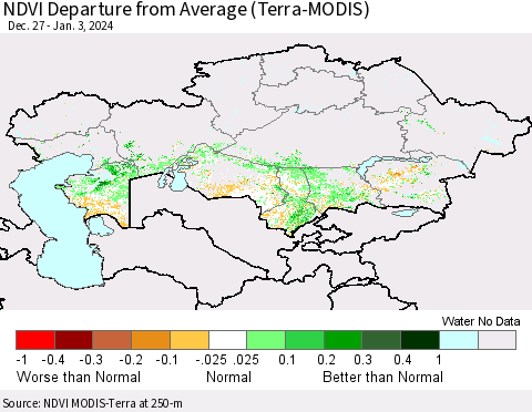 Kazakhstan NDVI Departure from Average (Terra-MODIS) Thematic Map For 12/27/2023 - 1/3/2024