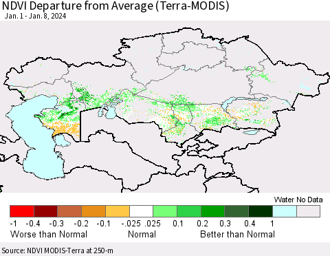 Kazakhstan NDVI Departure from Average (Terra-MODIS) Thematic Map For 1/1/2024 - 1/8/2024