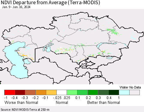 Kazakhstan NDVI Departure from Average (Terra-MODIS) Thematic Map For 1/9/2024 - 1/16/2024