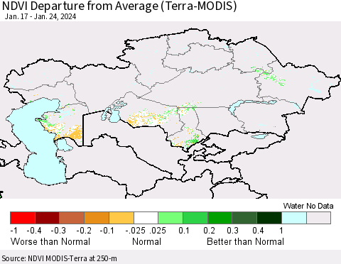 Kazakhstan NDVI Departure from Average (Terra-MODIS) Thematic Map For 1/17/2024 - 1/24/2024