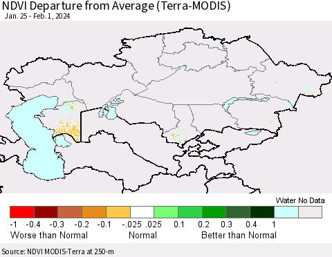 Kazakhstan NDVI Departure from Average (Terra-MODIS) Thematic Map For 1/25/2024 - 2/1/2024