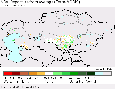Kazakhstan NDVI Departure from Average (Terra-MODIS) Thematic Map For 2/10/2024 - 2/17/2024