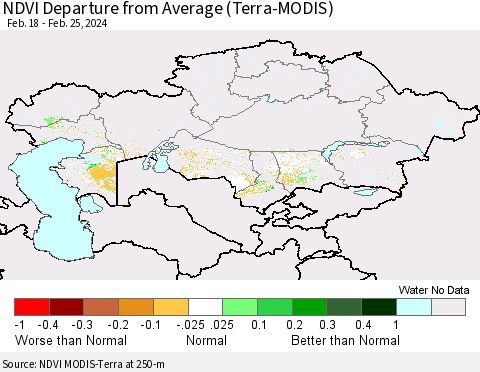 Kazakhstan NDVI Departure from Average (Terra-MODIS) Thematic Map For 2/18/2024 - 2/25/2024