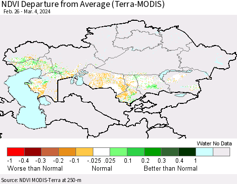 Kazakhstan NDVI Departure from Average (Terra-MODIS) Thematic Map For 2/26/2024 - 3/4/2024