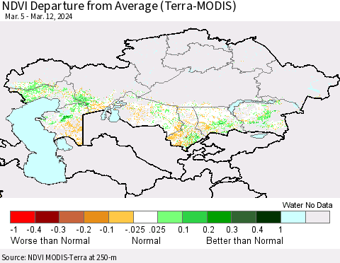 Kazakhstan NDVI Departure from Average (Terra-MODIS) Thematic Map For 3/5/2024 - 3/12/2024