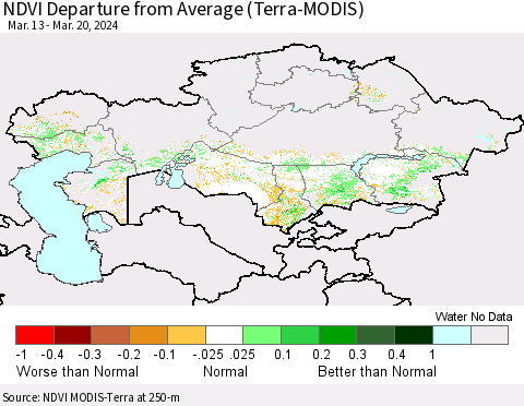Kazakhstan NDVI Departure from Average (Terra-MODIS) Thematic Map For 3/13/2024 - 3/20/2024
