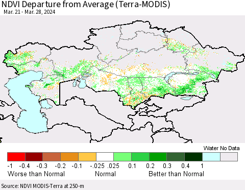 Kazakhstan NDVI Departure from Average (Terra-MODIS) Thematic Map For 3/21/2024 - 3/28/2024