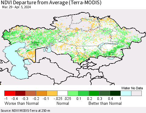 Kazakhstan NDVI Departure from Average (Terra-MODIS) Thematic Map For 3/29/2024 - 4/5/2024