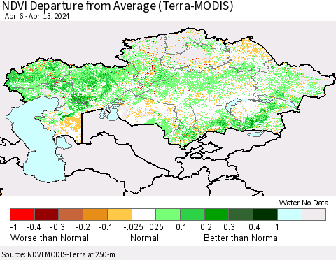 Kazakhstan NDVI Departure from Average (Terra-MODIS) Thematic Map For 4/6/2024 - 4/13/2024