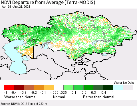 Kazakhstan NDVI Departure from Average (Terra-MODIS) Thematic Map For 4/14/2024 - 4/21/2024