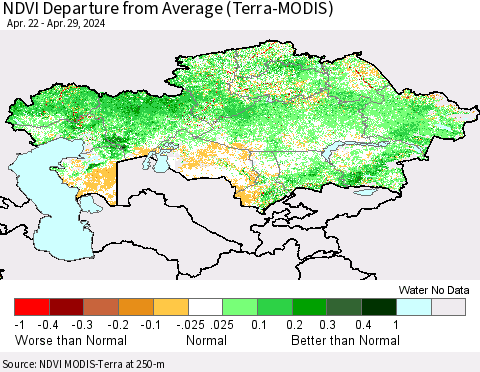 Kazakhstan NDVI Departure from Average (Terra-MODIS) Thematic Map For 4/22/2024 - 4/29/2024