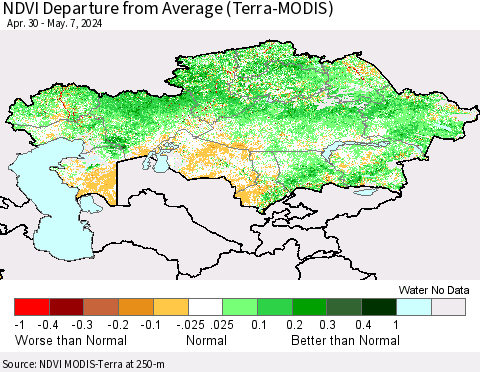 Kazakhstan NDVI Departure from Average (Terra-MODIS) Thematic Map For 4/30/2024 - 5/7/2024