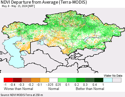 Kazakhstan NDVI Departure from Average (Terra-MODIS) Thematic Map For 5/8/2024 - 5/15/2024
