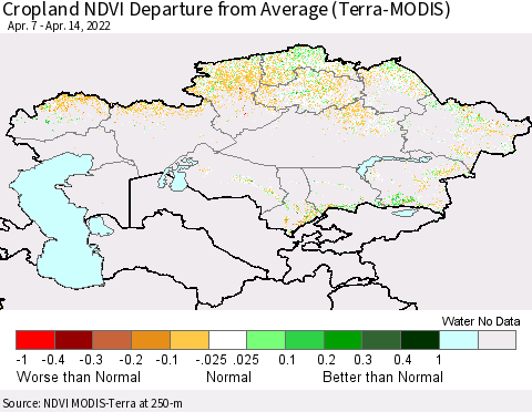 Kazakhstan Cropland NDVI Departure from Average (Terra-MODIS) Thematic Map For 4/7/2022 - 4/14/2022