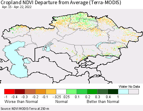 Kazakhstan Cropland NDVI Departure from Average (Terra-MODIS) Thematic Map For 4/15/2022 - 4/22/2022