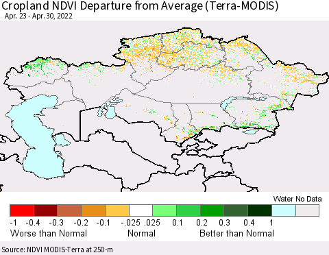 Kazakhstan Cropland NDVI Departure from Average (Terra-MODIS) Thematic Map For 4/23/2022 - 4/30/2022