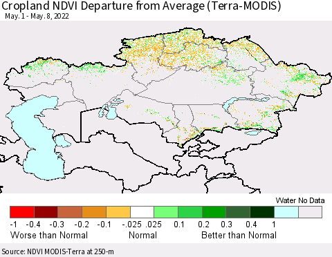 Kazakhstan Cropland NDVI Departure from Average (Terra-MODIS) Thematic Map For 5/1/2022 - 5/8/2022