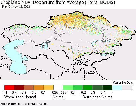 Kazakhstan Cropland NDVI Departure from Average (Terra-MODIS) Thematic Map For 5/9/2022 - 5/16/2022