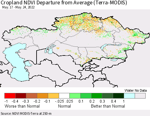 Kazakhstan Cropland NDVI Departure from Average (Terra-MODIS) Thematic Map For 5/17/2022 - 5/24/2022