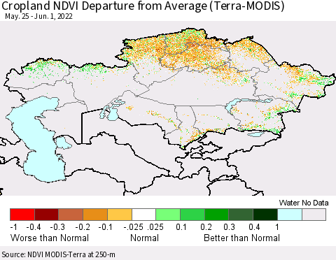Kazakhstan Cropland NDVI Departure from Average (Terra-MODIS) Thematic Map For 5/25/2022 - 6/1/2022