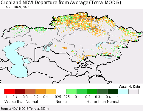 Kazakhstan Cropland NDVI Departure from Average (Terra-MODIS) Thematic Map For 6/2/2022 - 6/9/2022
