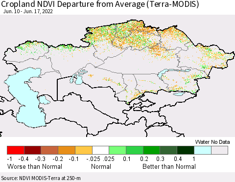 Kazakhstan Cropland NDVI Departure from Average (Terra-MODIS) Thematic Map For 6/10/2022 - 6/17/2022