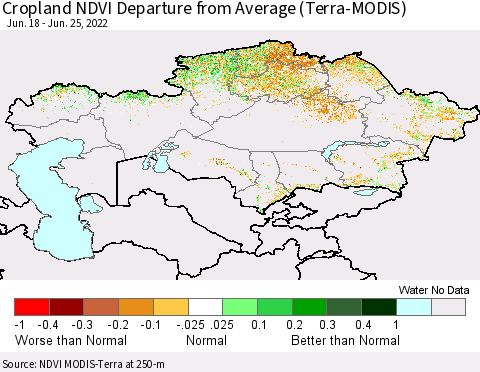 Kazakhstan Cropland NDVI Departure from Average (Terra-MODIS) Thematic Map For 6/18/2022 - 6/25/2022