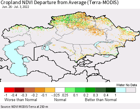 Kazakhstan Cropland NDVI Departure from Average (Terra-MODIS) Thematic Map For 6/26/2022 - 7/3/2022