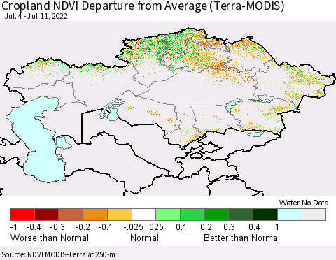 Kazakhstan Cropland NDVI Departure from Average (Terra-MODIS) Thematic Map For 7/4/2022 - 7/11/2022
