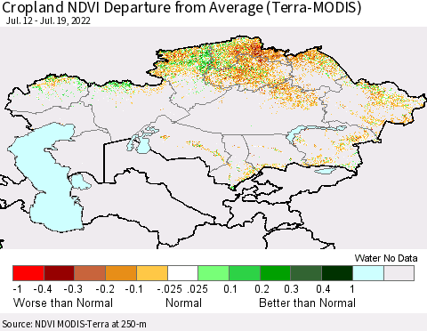 Kazakhstan Cropland NDVI Departure from Average (Terra-MODIS) Thematic Map For 7/12/2022 - 7/19/2022