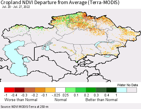 Kazakhstan Cropland NDVI Departure from Average (Terra-MODIS) Thematic Map For 7/20/2022 - 7/27/2022