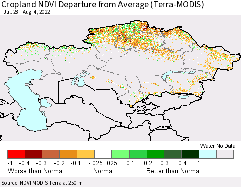 Kazakhstan Cropland NDVI Departure from Average (Terra-MODIS) Thematic Map For 7/28/2022 - 8/4/2022
