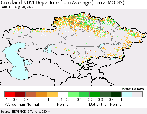 Kazakhstan Cropland NDVI Departure from Average (Terra-MODIS) Thematic Map For 8/13/2022 - 8/20/2022