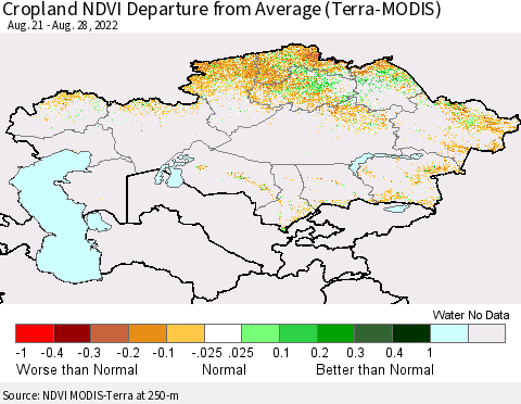 Kazakhstan Cropland NDVI Departure from Average (Terra-MODIS) Thematic Map For 8/21/2022 - 8/28/2022