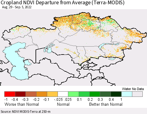 Kazakhstan Cropland NDVI Departure from Average (Terra-MODIS) Thematic Map For 8/29/2022 - 9/5/2022