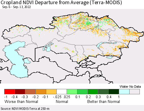 Kazakhstan Cropland NDVI Departure from Average (Terra-MODIS) Thematic Map For 9/6/2022 - 9/13/2022