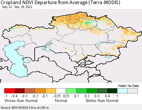 Kazakhstan Cropland NDVI Departure from Average (Terra-MODIS) Thematic Map For 9/22/2022 - 9/29/2022