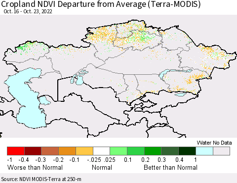 Kazakhstan Cropland NDVI Departure from Average (Terra-MODIS) Thematic Map For 10/16/2022 - 10/23/2022